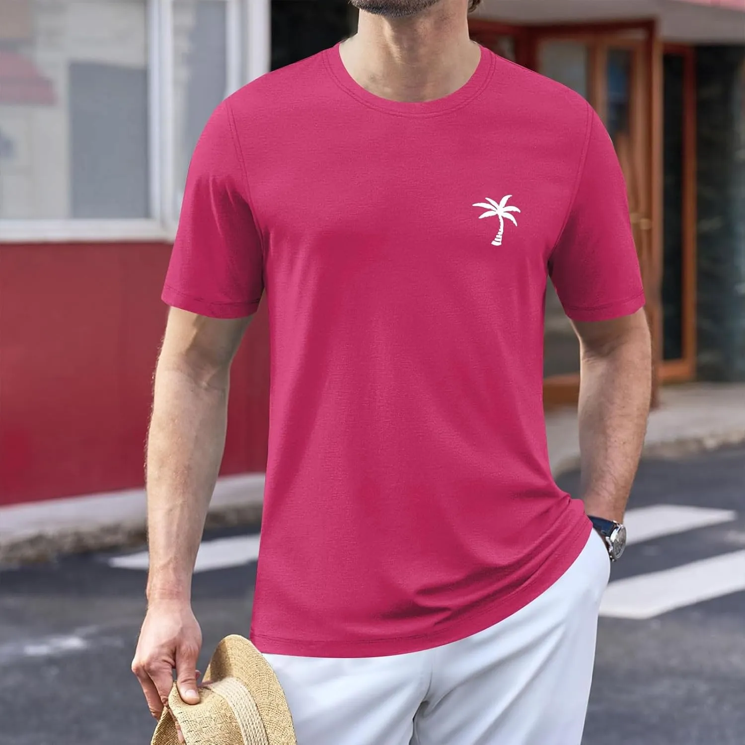 CRNTCEM Mens Loose Fit Round Neck T-Shirt Solid Color Coconut Tree Casual Basic Tshirts 2025 Summer Beach Hawaiian Tops