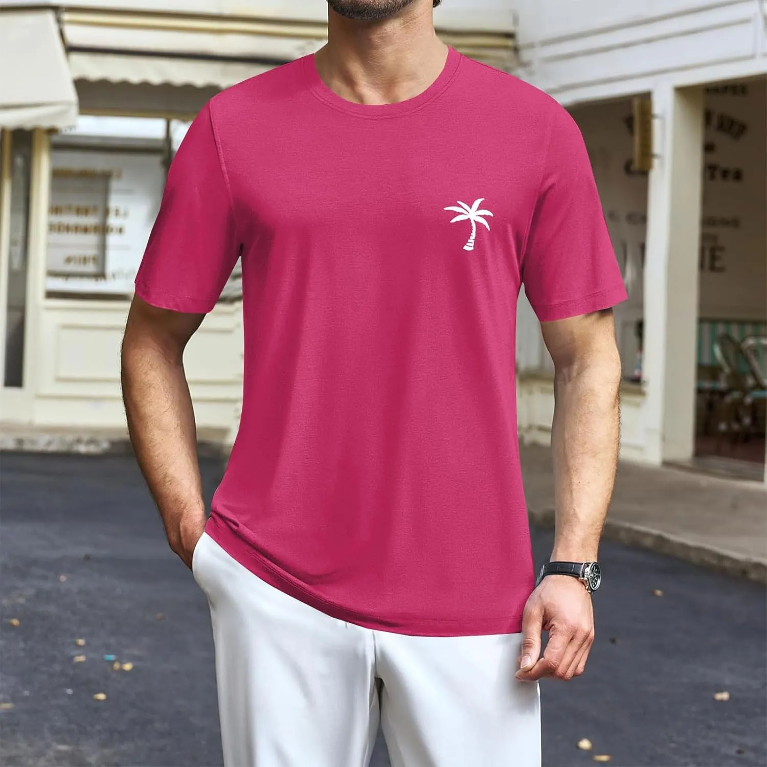 CRNTCEM Mens Loose Fit Round Neck T-Shirt Solid Color Coconut Tree Casual Basic Tshirts 2025 Summer Beach Hawaiian Tops