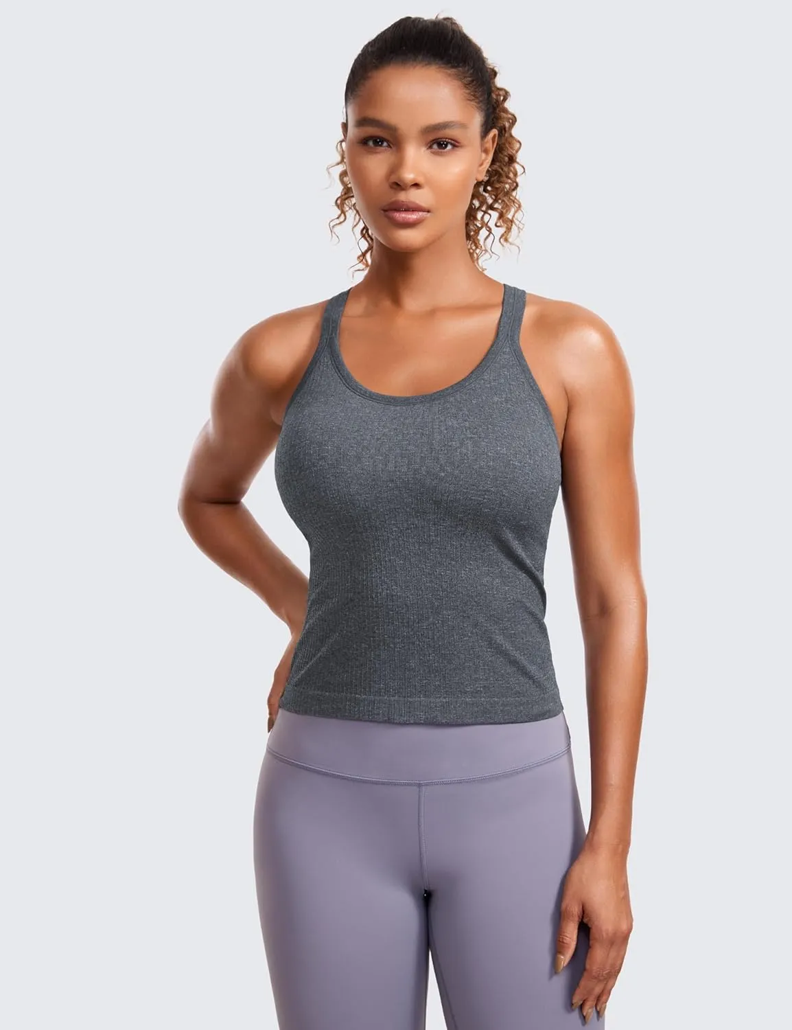 CRZ YOGA Seamless Ribbed Womens Tank Top Racerback Camisoles with Built in Bra Padded Scoop Neck Athletic Workout Slim Cami