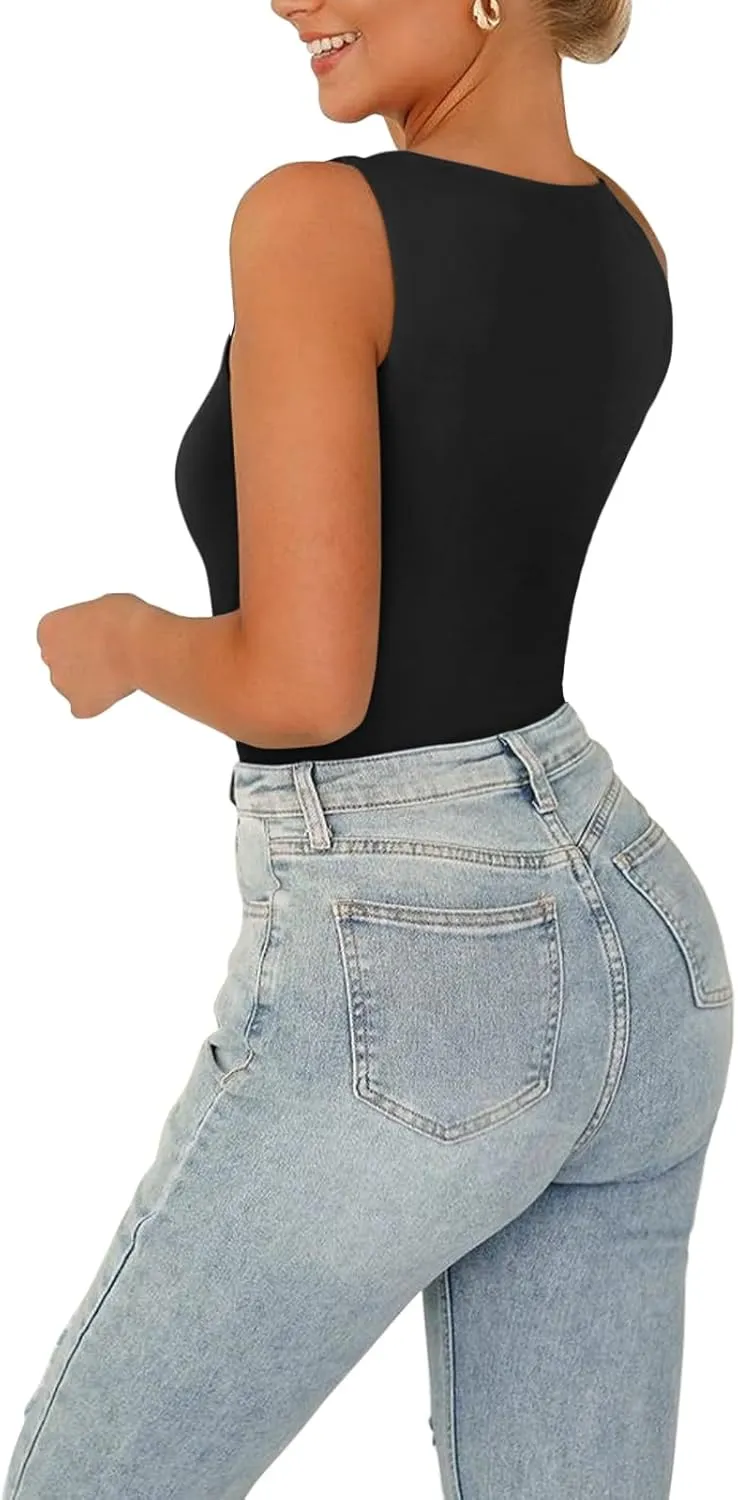 Cyanstyle Women Sexy Square Neck Thong Bodysuit Double Lined Sleeveless Trendy Going Out Body Suits Tank Tops
