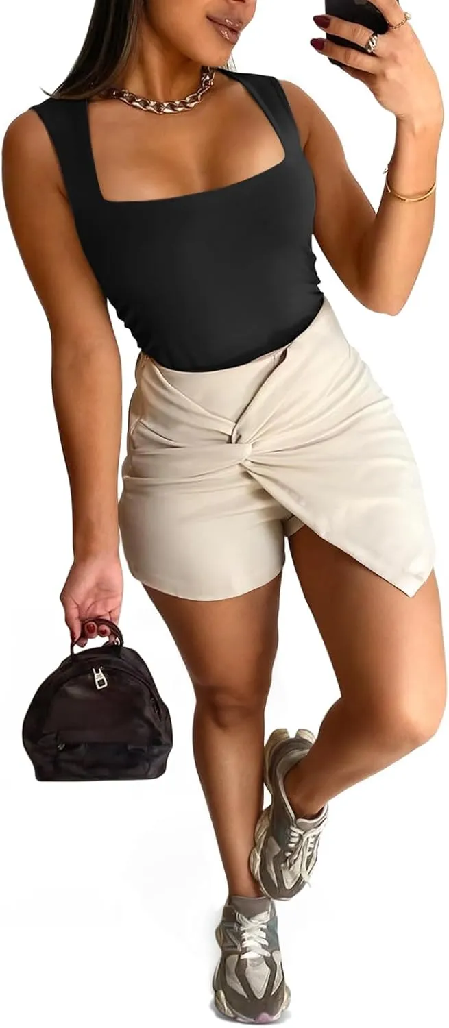 Cyanstyle Women Sexy Square Neck Thong Bodysuit Double Lined Sleeveless Trendy Going Out Body Suits Tank Tops