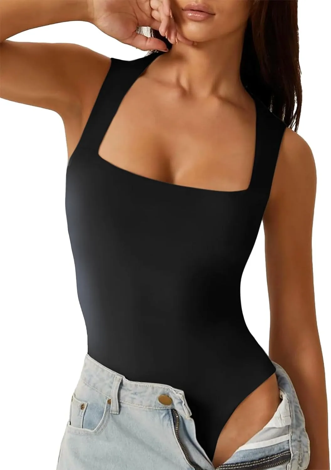 Cyanstyle Women Sexy Square Neck Thong Bodysuit Double Lined Sleeveless Trendy Going Out Body Suits Tank Tops