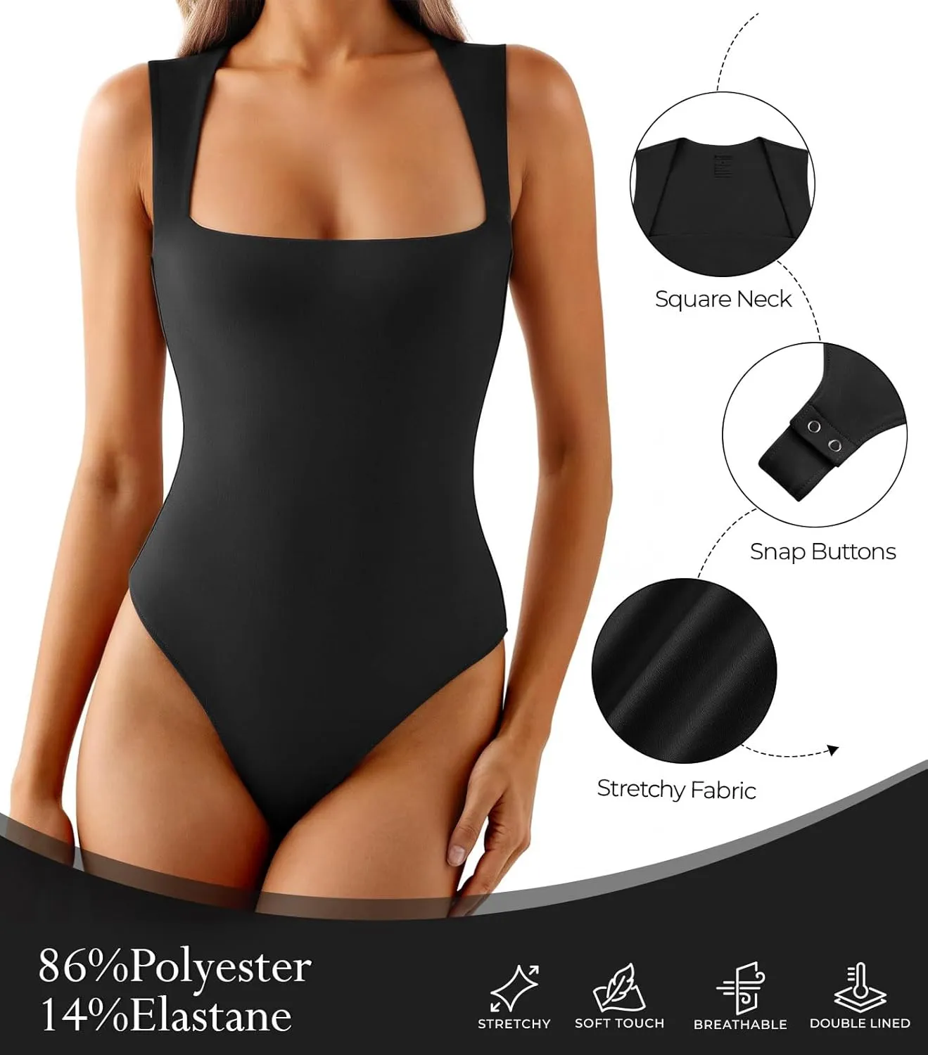 Cyanstyle Women Sexy Square Neck Thong Bodysuit Double Lined Sleeveless Trendy Going Out Body Suits Tank Tops