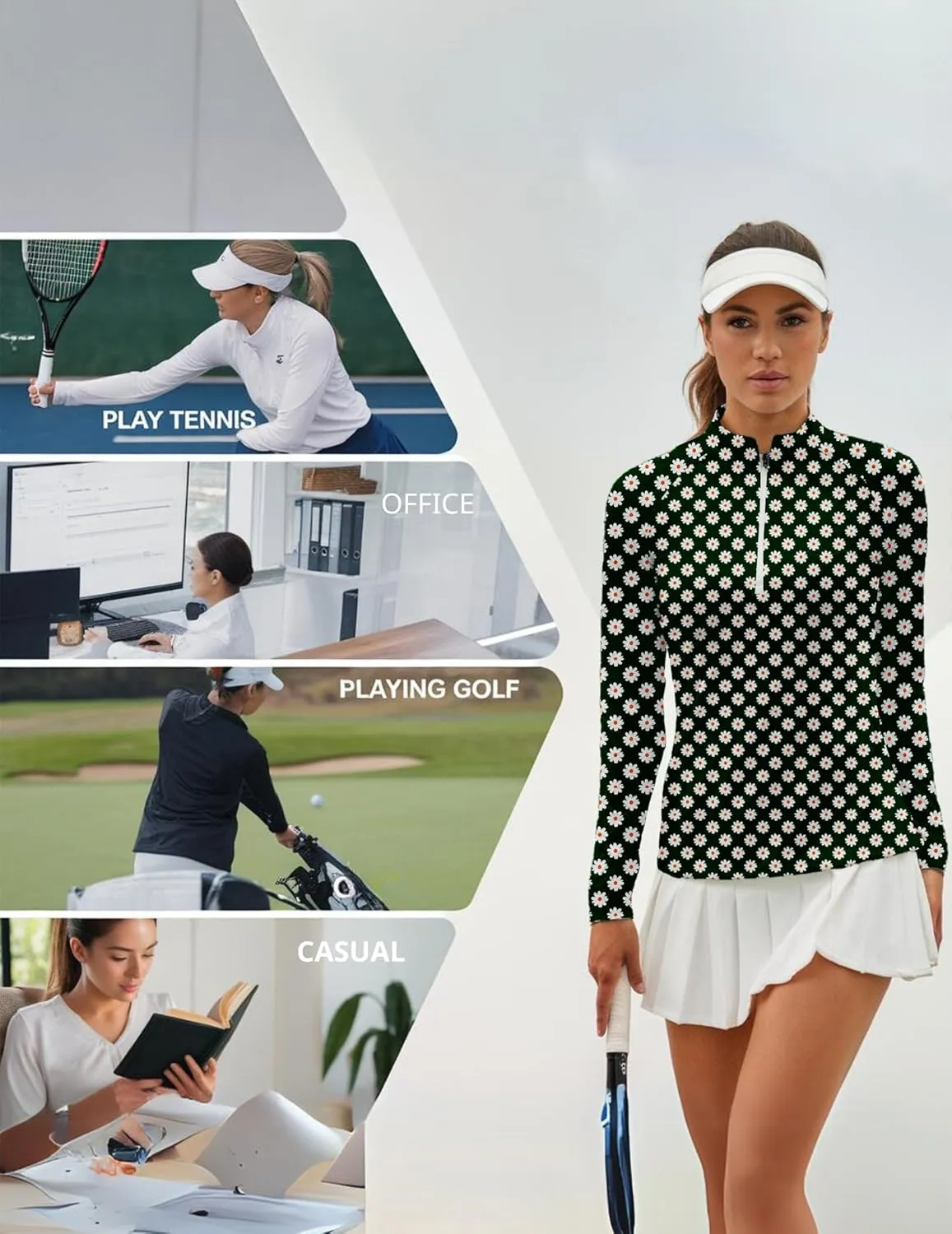 Daisy Flower Print Women's Long Sleeve Zip Polo Shirt, UV Protection Golf Shirt, Spring Activewear, Dry Sports Top