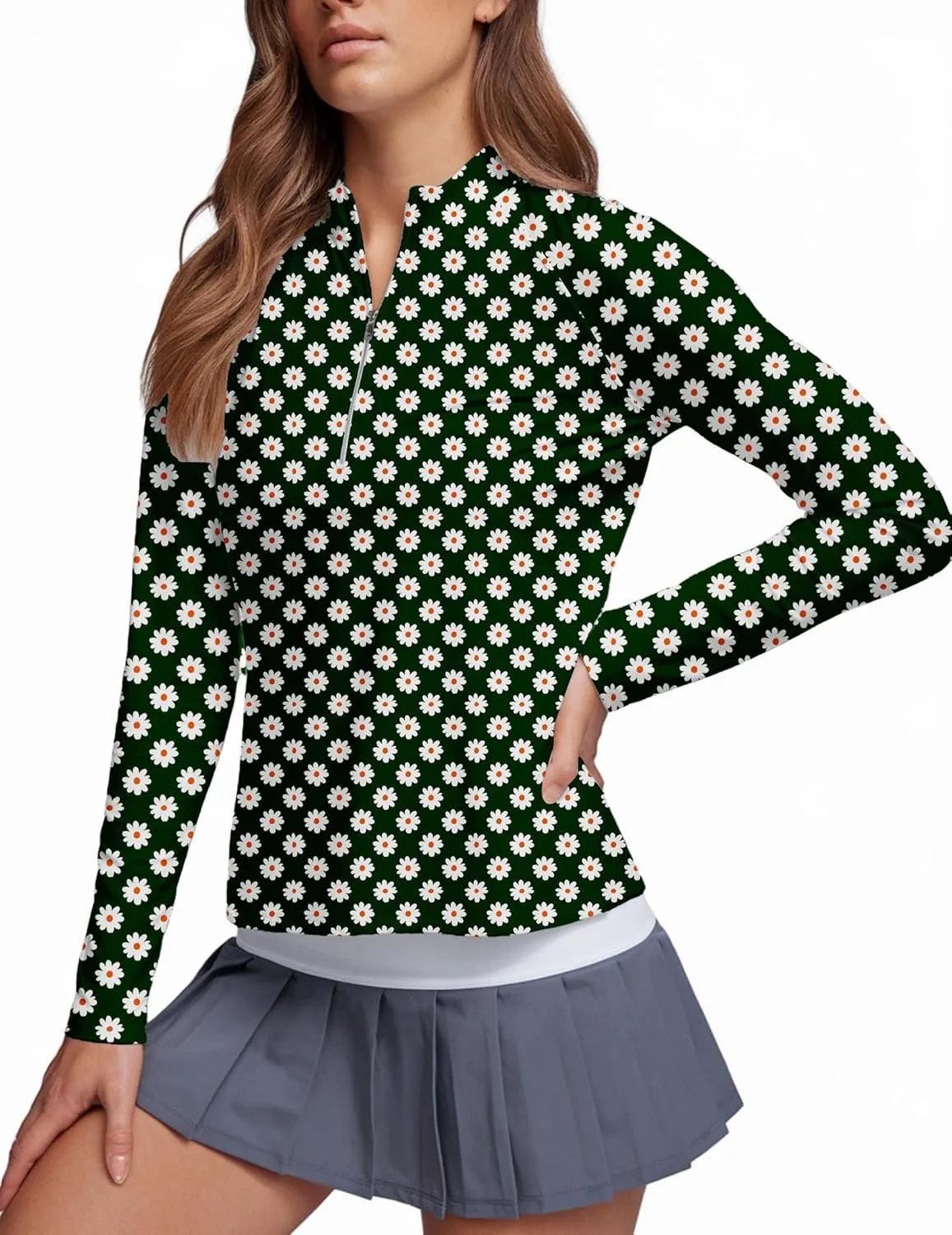 Daisy Flower Print Women's Long Sleeve Zip Polo Shirt, UV Protection Golf Shirt, Spring Activewear, Dry Sports Top