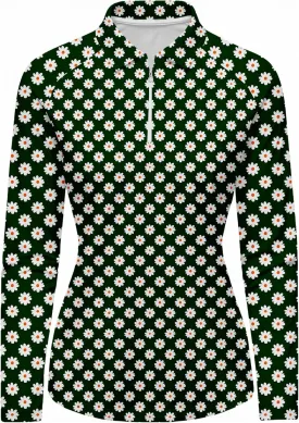 Daisy Flower Print Women's Long Sleeve Zip Polo Shirt, UV Protection Golf Shirt, Spring Activewear, Dry Sports Top