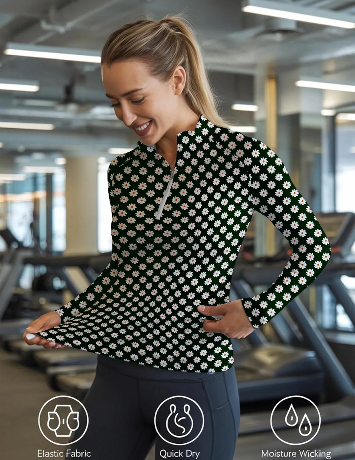 Daisy Flower Print Women's Long Sleeve Zip Polo Shirt, UV Protection Golf Shirt, Spring Activewear, Dry Sports Top