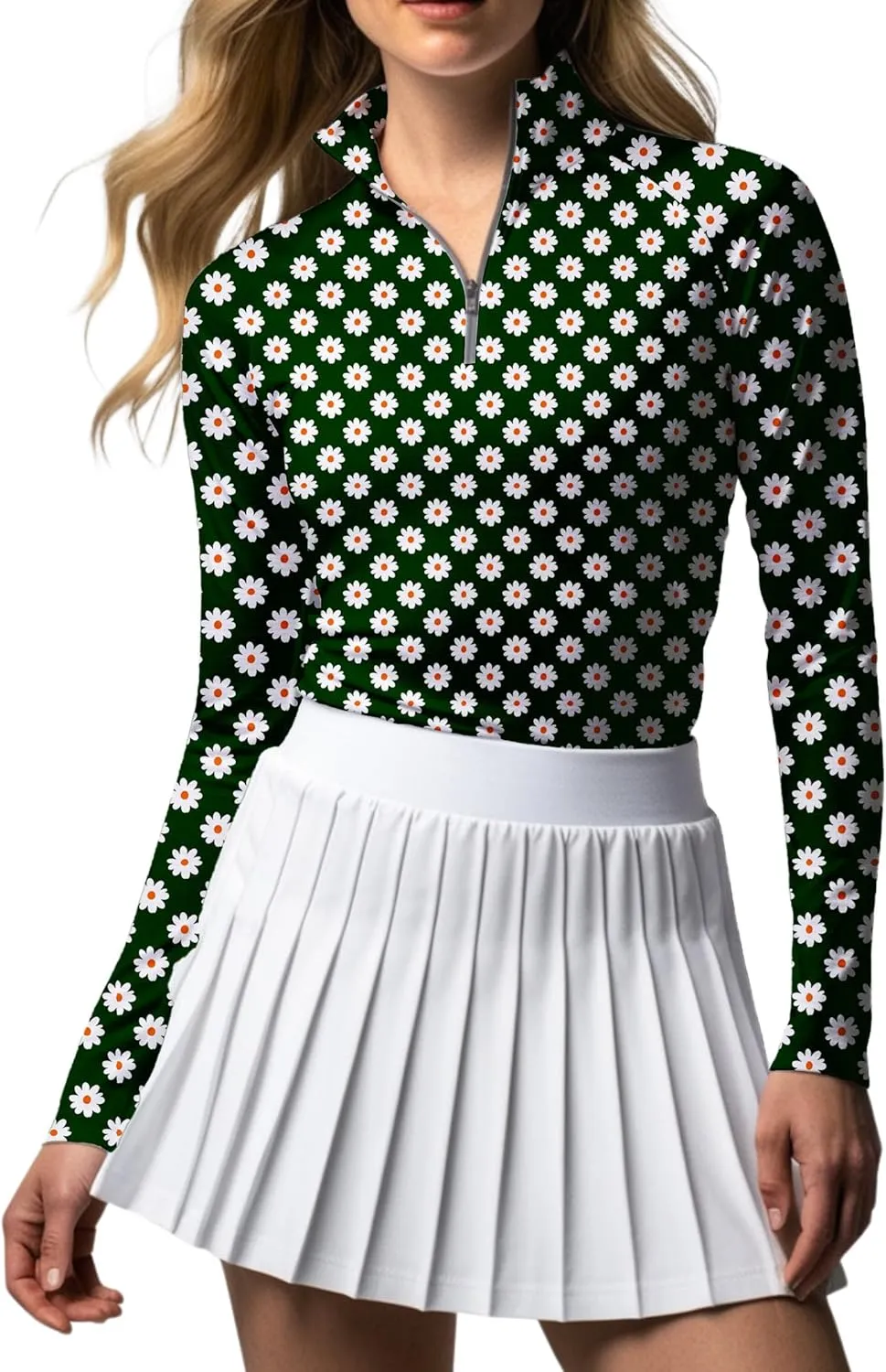 Daisy Flower Print Women's Long Sleeve Zip Polo Shirt, UV Protection Golf Shirt, Spring Activewear, Dry Sports Top