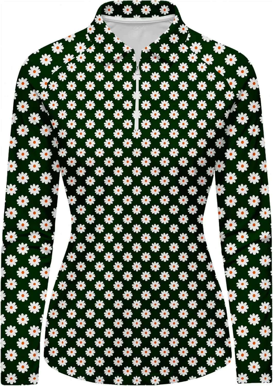 Daisy Flower Print Women's Long Sleeve Zip Polo Shirt, UV Protection Golf Shirt, Spring Activewear, Dry Sports Top