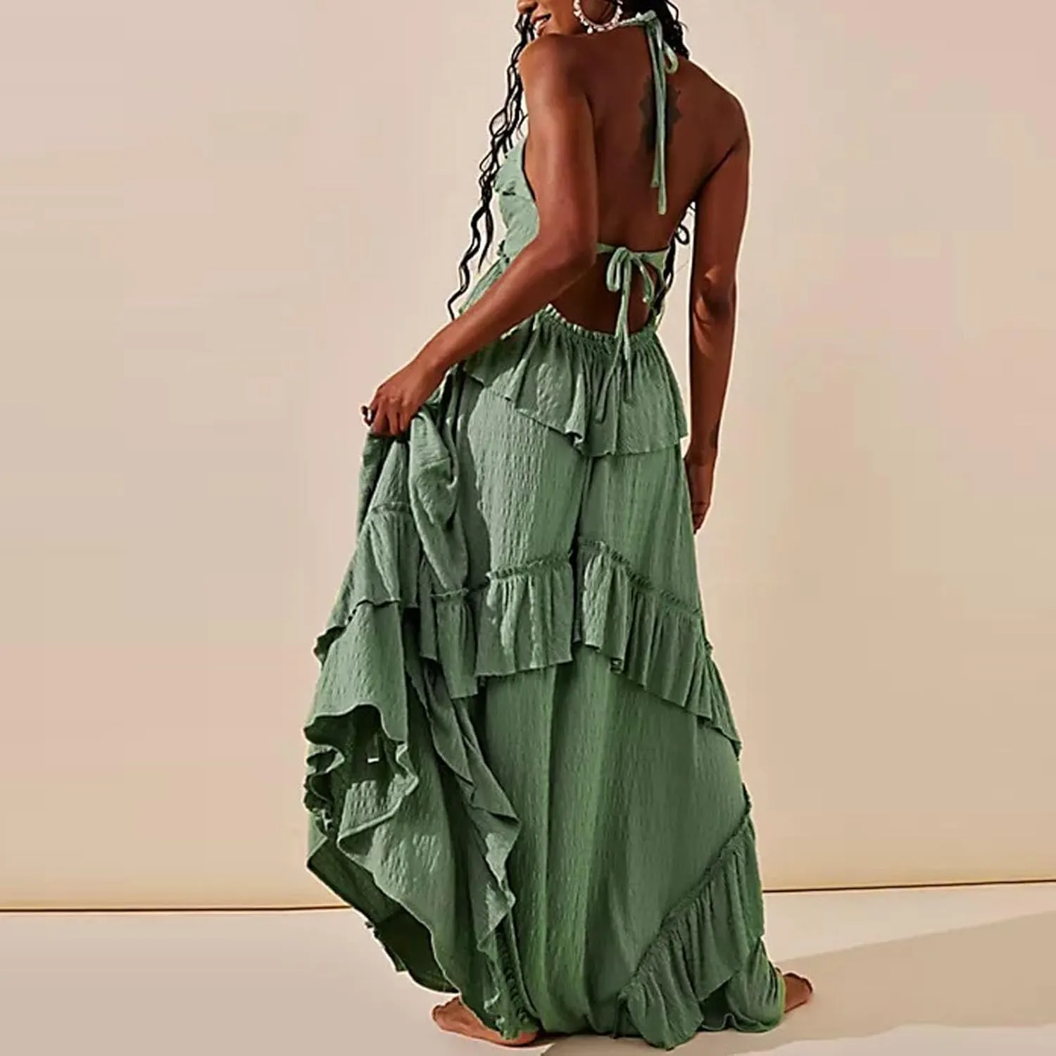 FEORJGP Womens Summer Boho Low Cut Backless Bodycon Midi Dress
