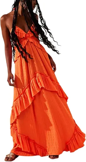 FEORJGP Womens Summer Boho Low Cut Backless Bodycon Midi Dress