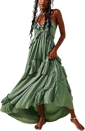 FEORJGP Womens Summer Boho Low Cut Backless Bodycon Midi Dress