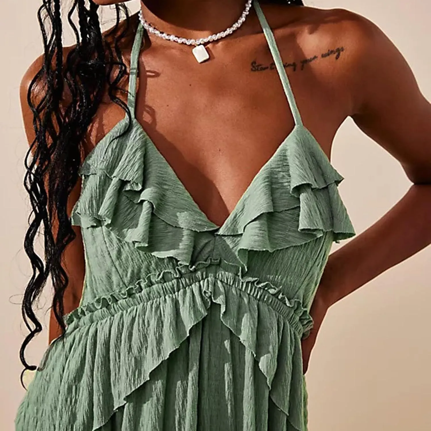 FEORJGP Womens Summer Boho Low Cut Backless Bodycon Midi Dress
