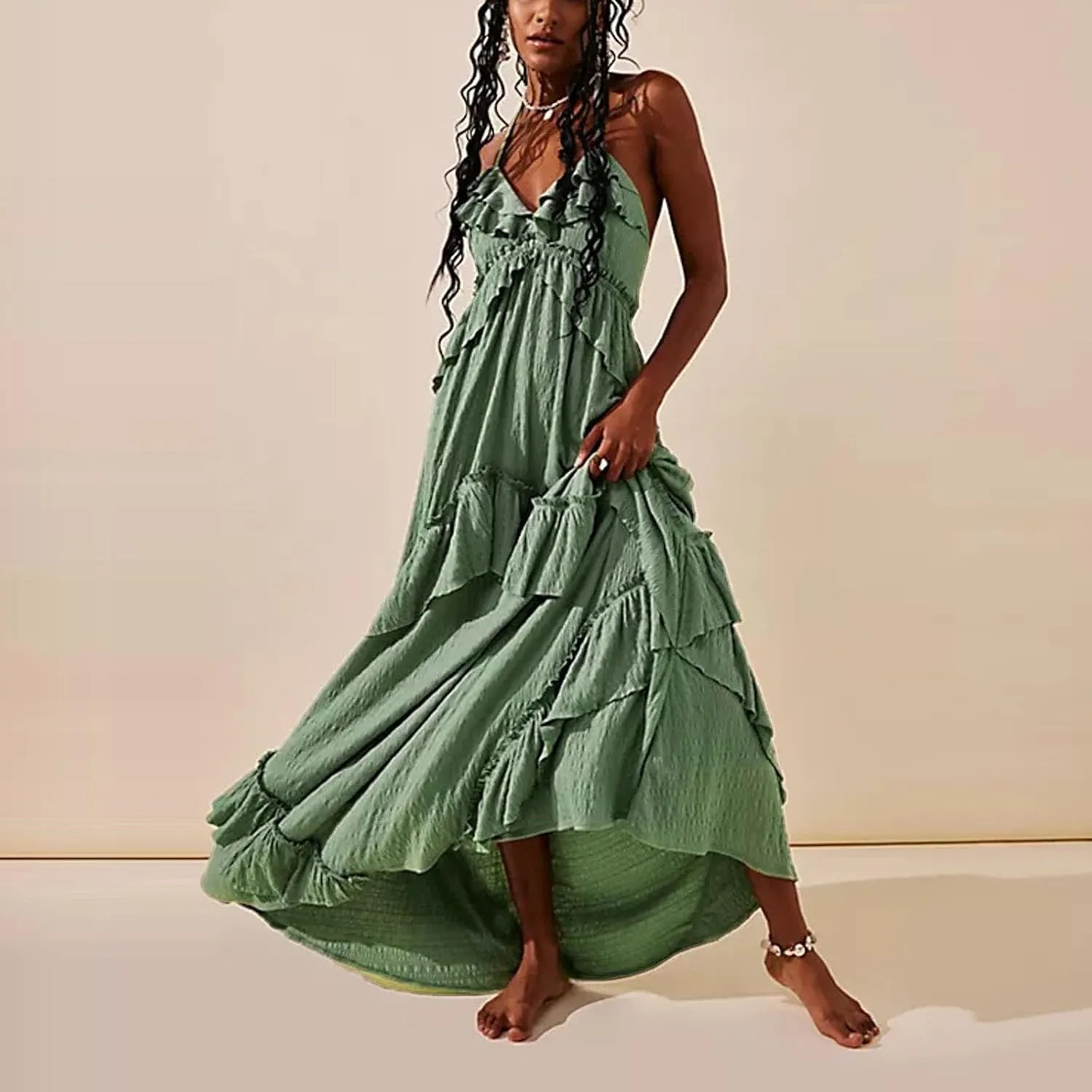 FEORJGP Womens Summer Boho Low Cut Backless Bodycon Midi Dress