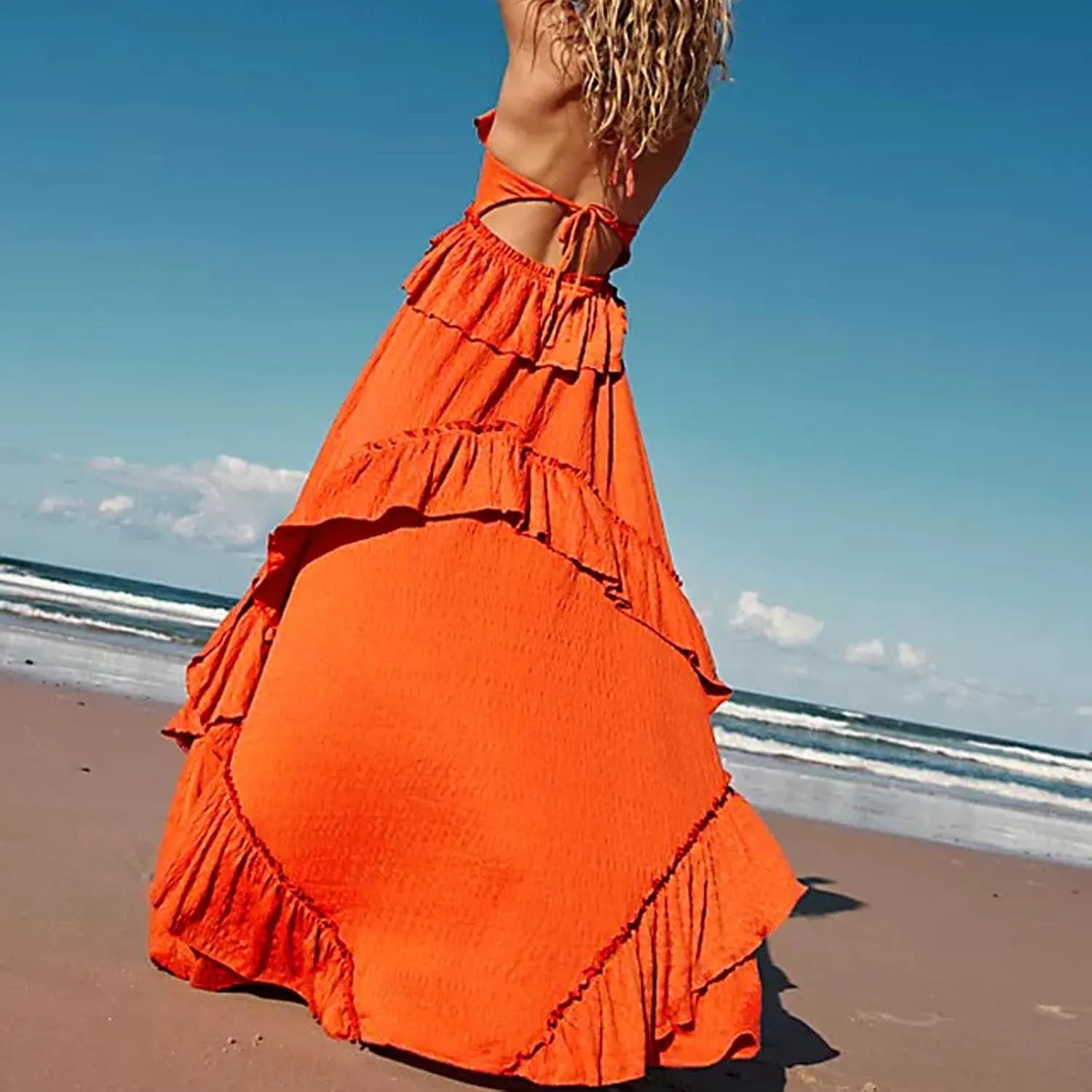 FEORJGP Womens Summer Boho Low Cut Backless Bodycon Midi Dress