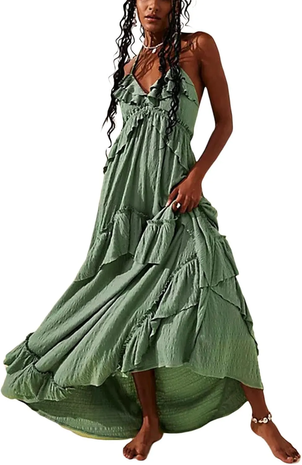 FEORJGP Womens Summer Boho Low Cut Backless Bodycon Midi Dress
