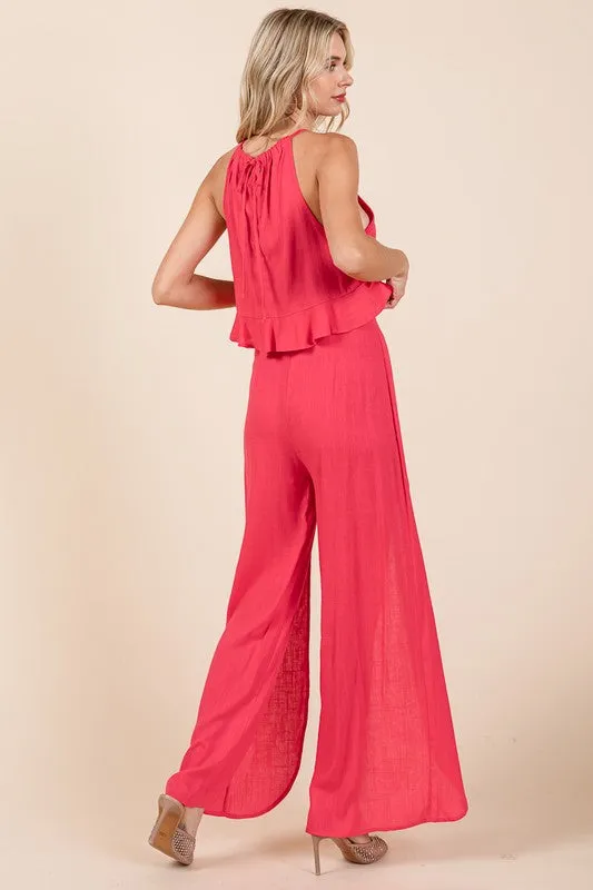 Fuchsia Linen Crop Top and Wide Slit Pants Two Piece Sets