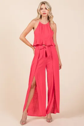 Fuchsia Linen Crop Top and Wide Slit Pants Two Piece Sets