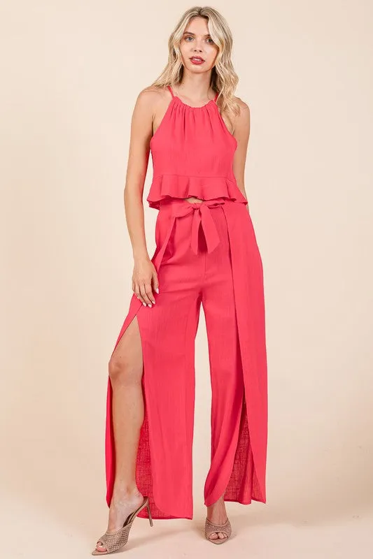 Fuchsia Linen Crop Top and Wide Slit Pants Two Piece Sets