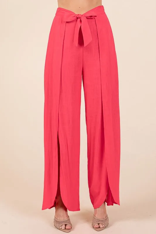 Fuchsia Linen Crop Top and Wide Slit Pants Two Piece Sets