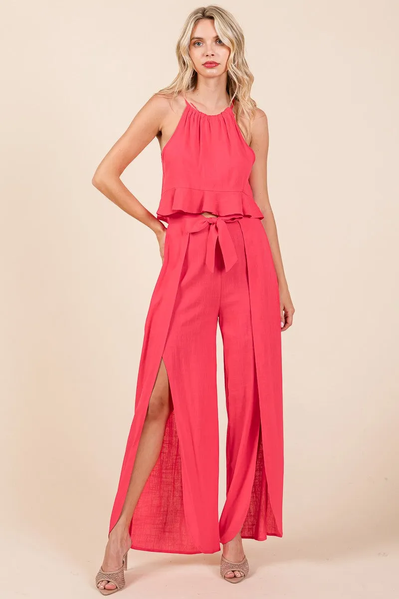 Fuchsia Linen Crop Top and Wide Slit Pants Two Piece Sets