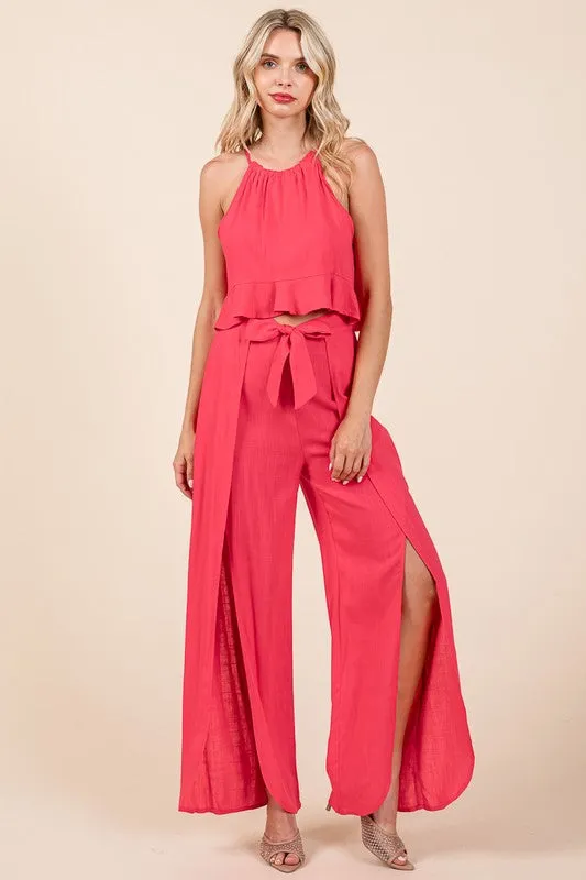 Fuchsia Linen Crop Top and Wide Slit Pants Two Piece Sets
