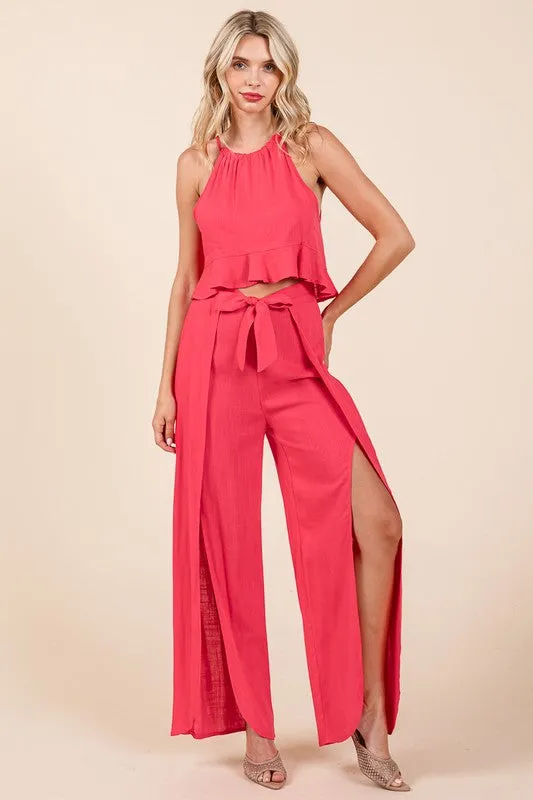 Fuchsia Linen Crop Top and Wide Slit Pants Two Piece Sets