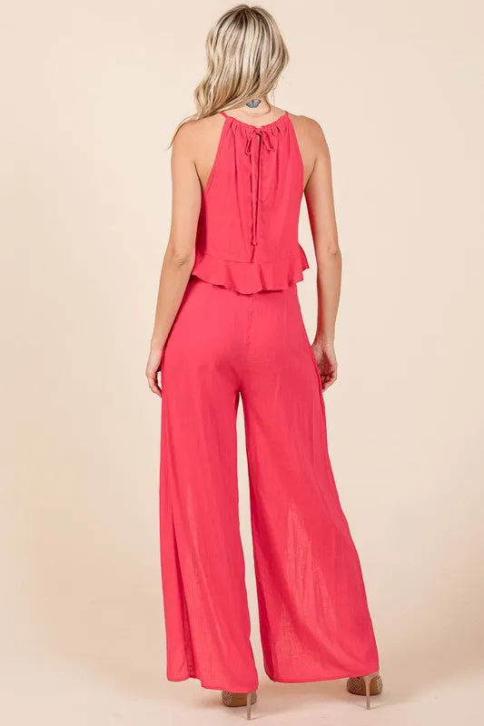 Fuchsia Linen Crop Top and Wide Slit Pants Two Piece Sets