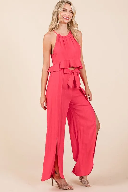 Fuchsia Linen Crop Top and Wide Slit Pants Two Piece Sets