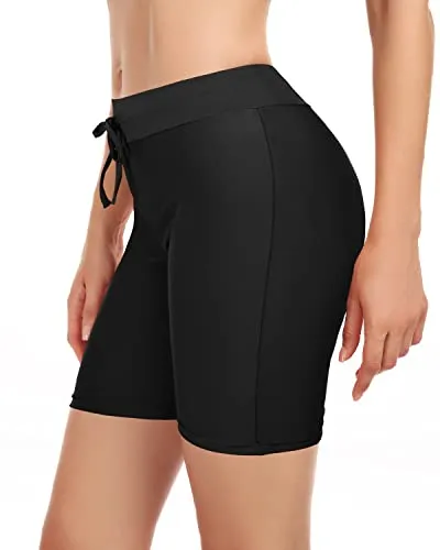 High Waisted Swim Shorts For Women Tummy Control Long Board Shorts-Black
