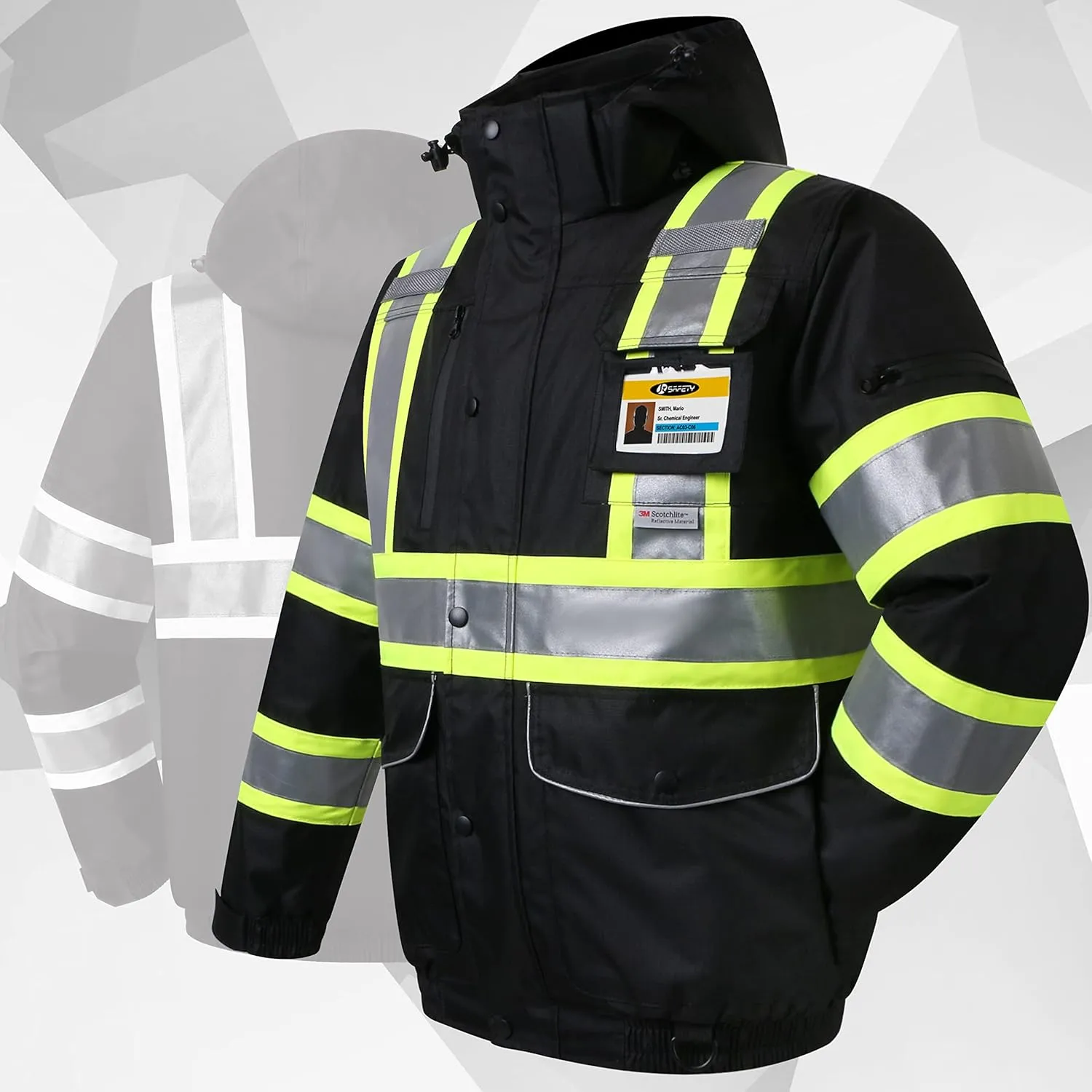 JKSafety 10 Pockets Hi-Vis Waterproof 3M Reflective Winter Bomber Jacket | Black Color | Secured Tablet Pocket | Detachable Hood and Retractable ID Pocket (118-Black, Medium)