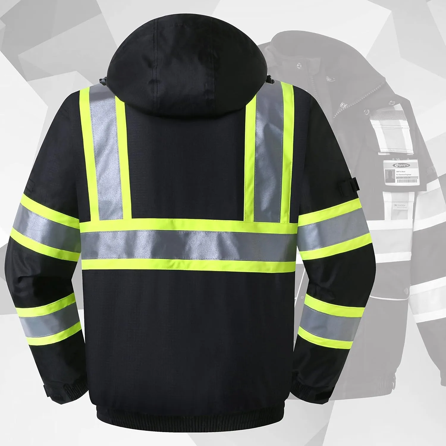JKSafety 10 Pockets Hi-Vis Waterproof 3M Reflective Winter Bomber Jacket | Black Color | Secured Tablet Pocket | Detachable Hood and Retractable ID Pocket (118-Black, Medium)