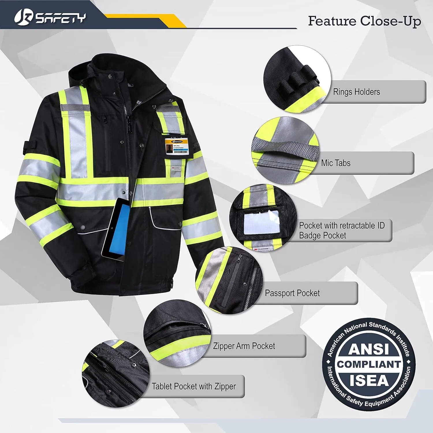 JKSafety 10 Pockets Hi-Vis Waterproof 3M Reflective Winter Bomber Jacket | Black Color | Secured Tablet Pocket | Detachable Hood and Retractable ID Pocket (118-Black, Medium)