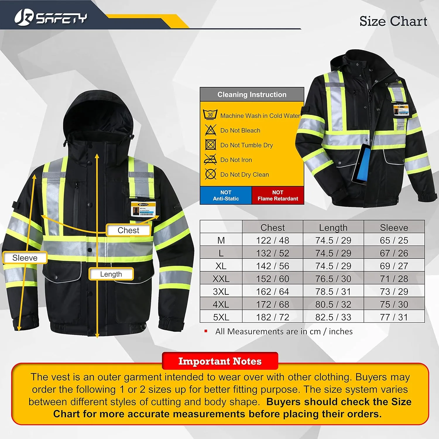 JKSafety 10 Pockets Hi-Vis Waterproof 3M Reflective Winter Bomber Jacket | Black Color | Secured Tablet Pocket | Detachable Hood and Retractable ID Pocket (118-Black, Medium)