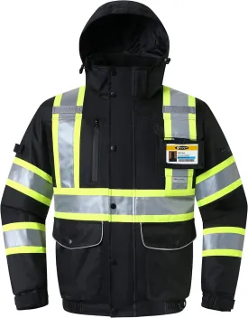 JKSafety 10 Pockets Hi-Vis Waterproof 3M Reflective Winter Bomber Jacket | Black Color | Secured Tablet Pocket | Detachable Hood and Retractable ID Pocket(118-Black, XX-Large)