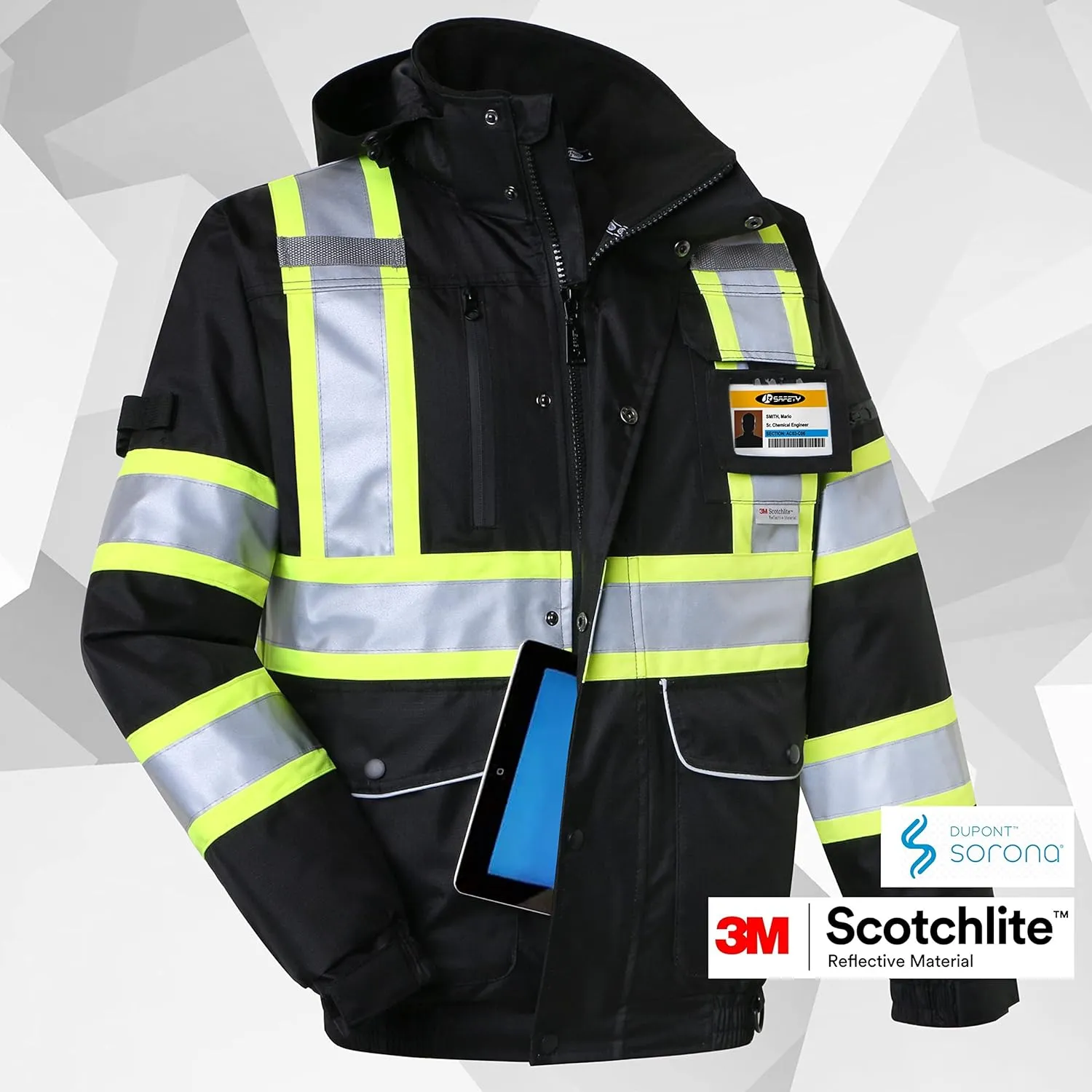 JKSafety 10 Pockets Hi-Vis Waterproof 3M Reflective Winter Bomber Jacket | Black Color | Secured Tablet Pocket | Detachable Hood and Retractable ID Pocket(118-Black, XX-Large)