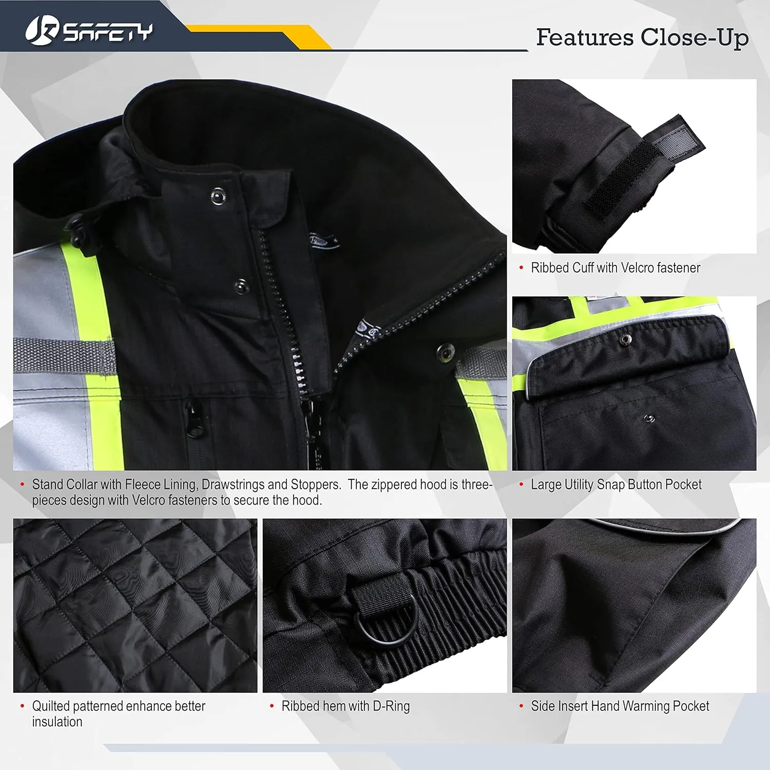 JKSafety 10 Pockets Hi-Vis Waterproof 3M Reflective Winter Bomber Jacket | Black Color | Secured Tablet Pocket | Detachable Hood and Retractable ID Pocket(118-Black, XX-Large)