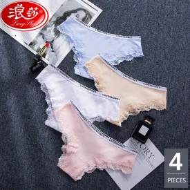 LANGSHA 4Pcs/lot New Low-Rise Women Underwear Thongs Ladies lingerie Sexy Lace Cotton Women's Panties Seamless Breathable Briefs