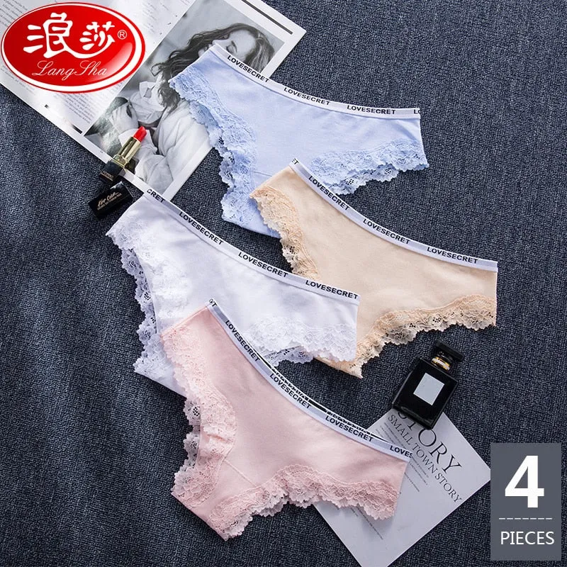 LANGSHA 4Pcs/lot New Low-Rise Women Underwear Thongs Ladies lingerie Sexy Lace Cotton Women's Panties Seamless Breathable Briefs