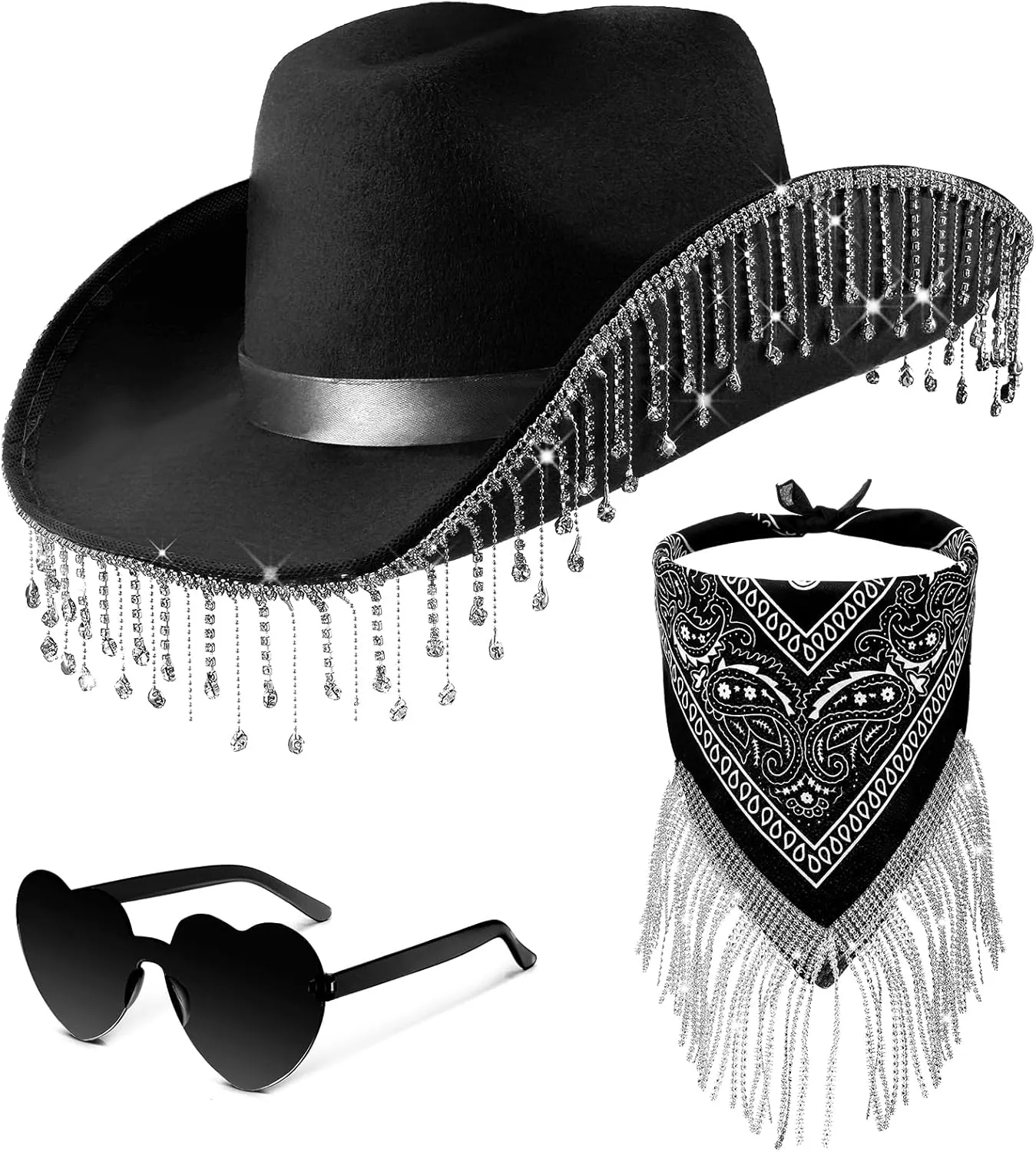 Leumoi 3 Pcs Rhinestone Cowgirl Hat with Fringe Rhinestone Bandana and Heart Sunglasses Bling Diamond Fringe Cowboy Hat
