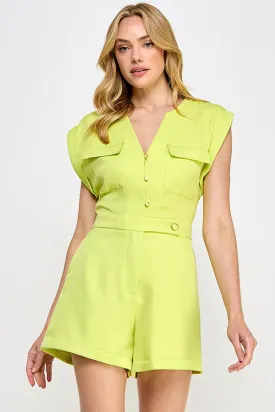 Lime Sleeveless Romper With Front Flap Pocket