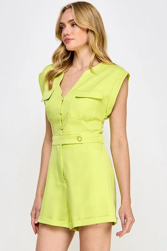 Lime Sleeveless Romper With Front Flap Pocket