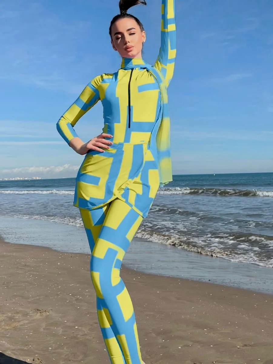 Long-sleeved, trousers, full-body, sun-proof and waterproof mother-in-law swimsuit three-piece set