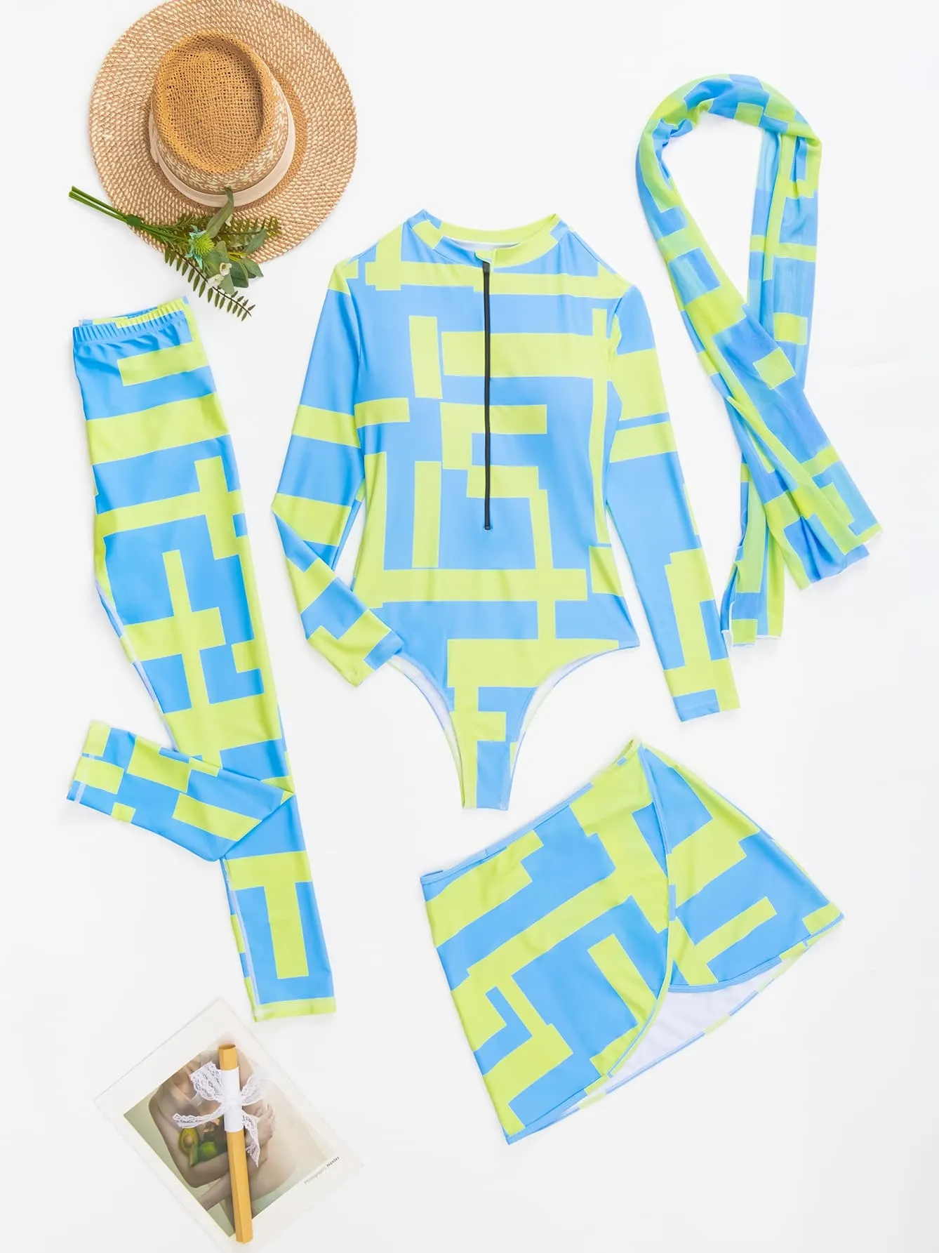Long-sleeved, trousers, full-body, sun-proof and waterproof mother-in-law swimsuit three-piece set