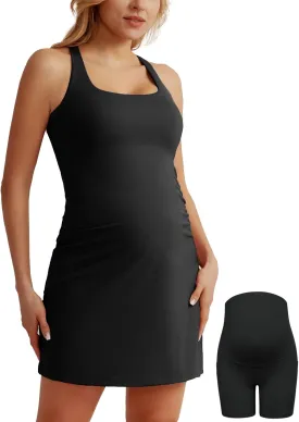 Maacie Maternity Tennis Dress with Shorts and Built in Bra Scoop Neck Sleeveless A-line Workout Golf Dress with Pockets