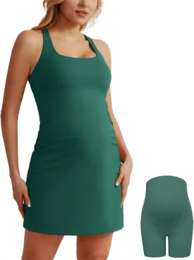 Maacie Maternity Tennis Dress with Shorts and Built in Bra Scoop Neck Sleeveless A-line Workout Golf Dress with Pockets