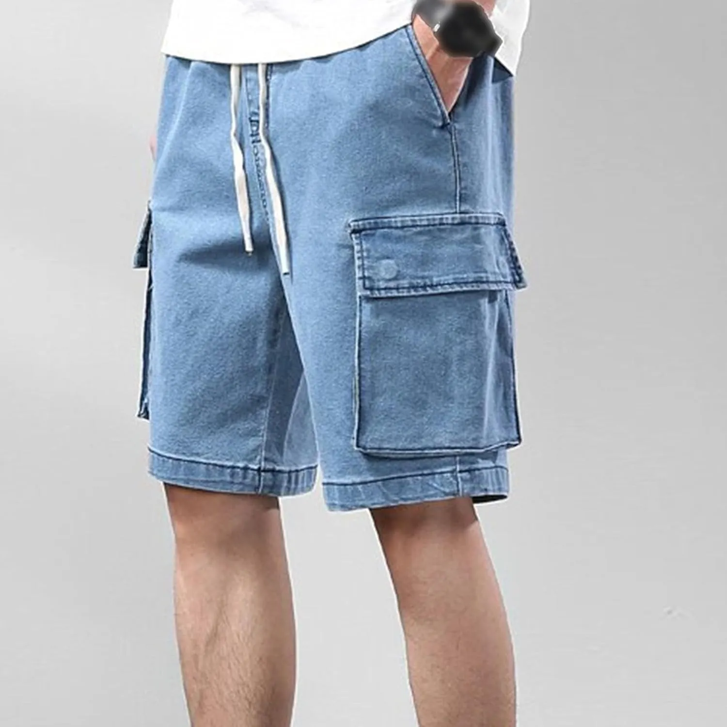 Maiyifu-GJ Men's Drawstring Summer Denim Shorts Casual Elastic Waist Jean Shorts Baggy Straight Multi-Pocket Short Pant