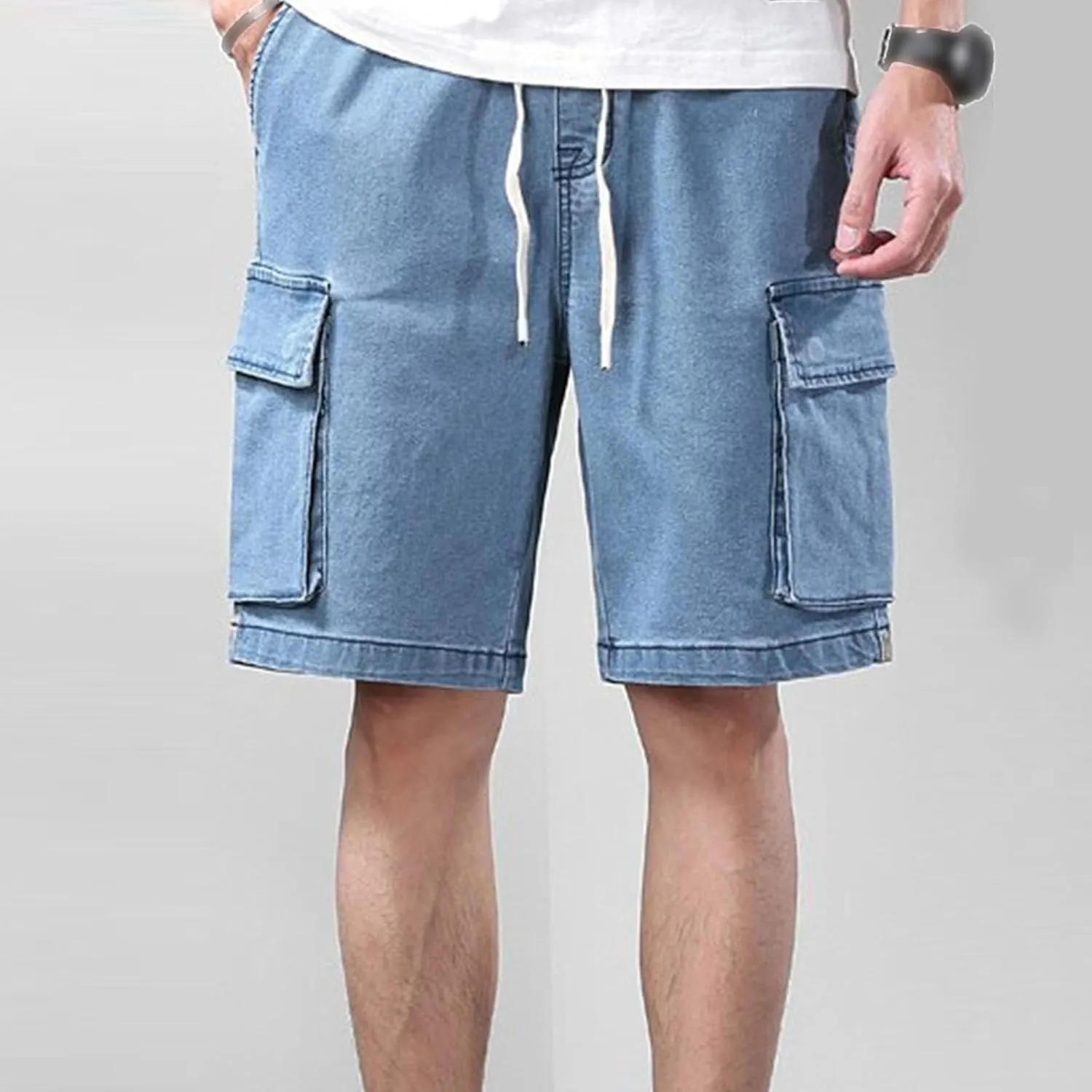 Maiyifu-GJ Men's Drawstring Summer Denim Shorts Casual Elastic Waist Jean Shorts Baggy Straight Multi-Pocket Short Pant