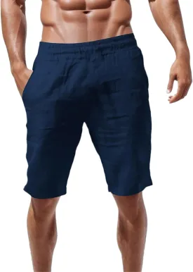 Mens Cotton Linen Shorts Casual Elastic Waist Lightweight Vacation Summer Beach Shorts with Pockets
