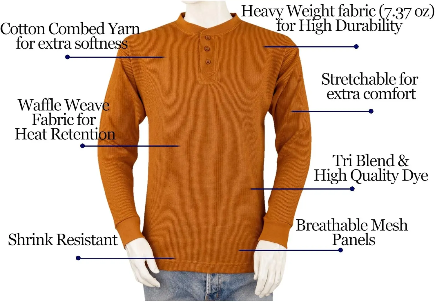 Men's Henley Thermal Shirts - Big and Tall - Heavy Weight THLS